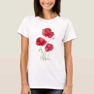 Camiseta Pintado Floral de Flor Rojo de Color de Agua