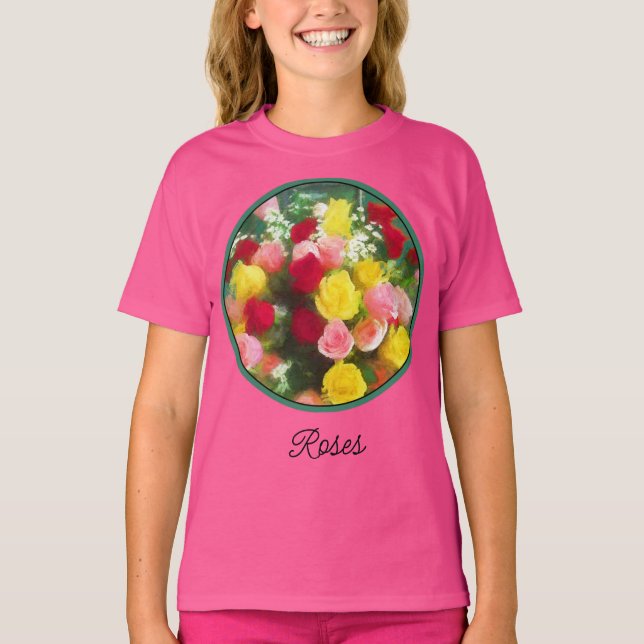 Camiseta Pintado Rose Bouquet - Arte de Flor Original. (Anverso)