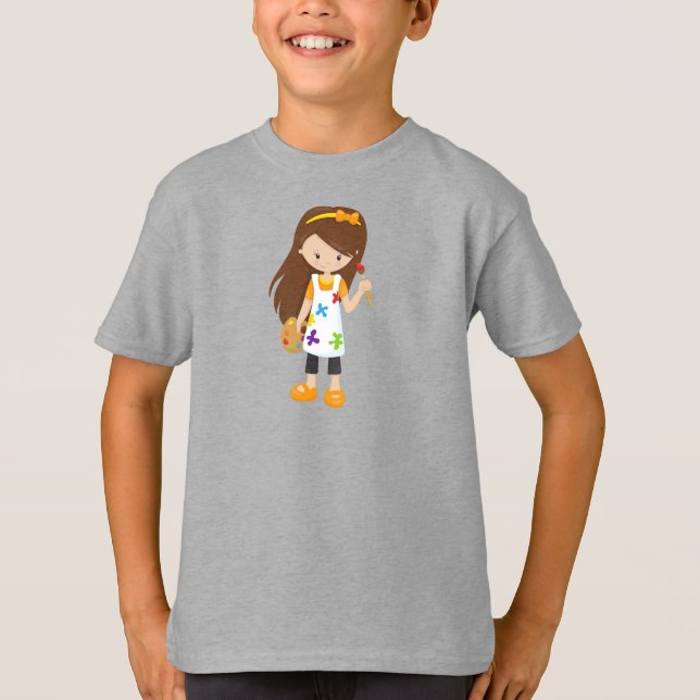 Camiseta Pintor, Artista de pintura, Chica lindo, pelo marr (Anverso)