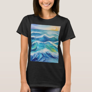 Camiseta Pintura acuática de olas azules