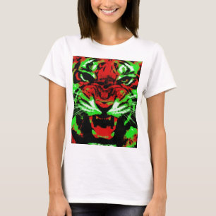 Camiseta Pintura artística de cara de tigre rojo y verde