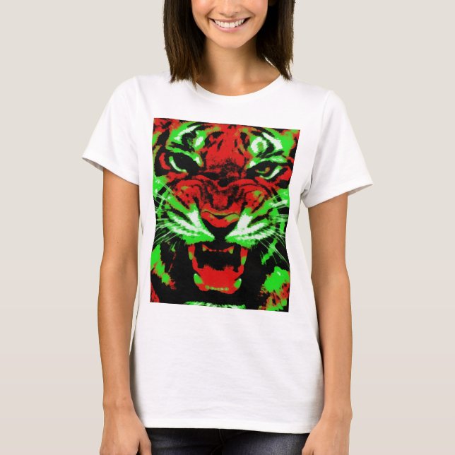 Camiseta Pintura artística de cara de tigre rojo y verde (Anverso)