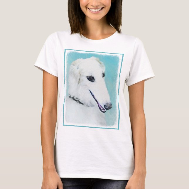 Camiseta Pintura Borzoi (blanca) - Arte Perro Original. (Anverso)
