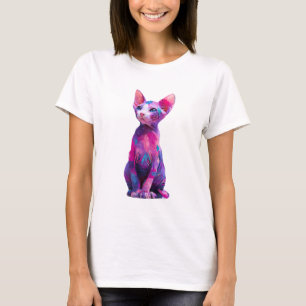 Camiseta Pintura Colorida de Gato Sphynx Abstracto para Muj