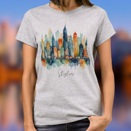 Camiseta Pintura con Acuarela Silueta de Ciudad Moderna Grá