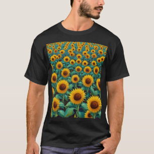 Camiseta Pintura de aceite. Campo de girasoles. Arte modern
