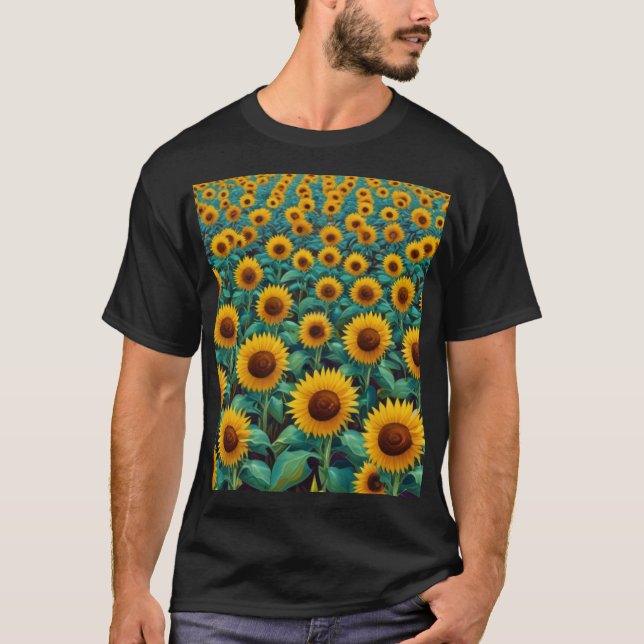 Camiseta Pintura de aceite. Campo de girasoles. Arte modern (Anverso)