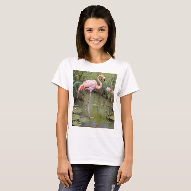 Camiseta Pintura De Aceite De Flamingo Rosa Y Láminas De Ag (Anverso completo)
