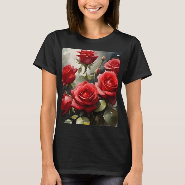 Camiseta pintura de acuarela de rosas rojas bonitos (Anverso)