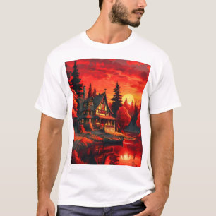 Camiseta Pintura de atardecer con cabaña y lago-66633