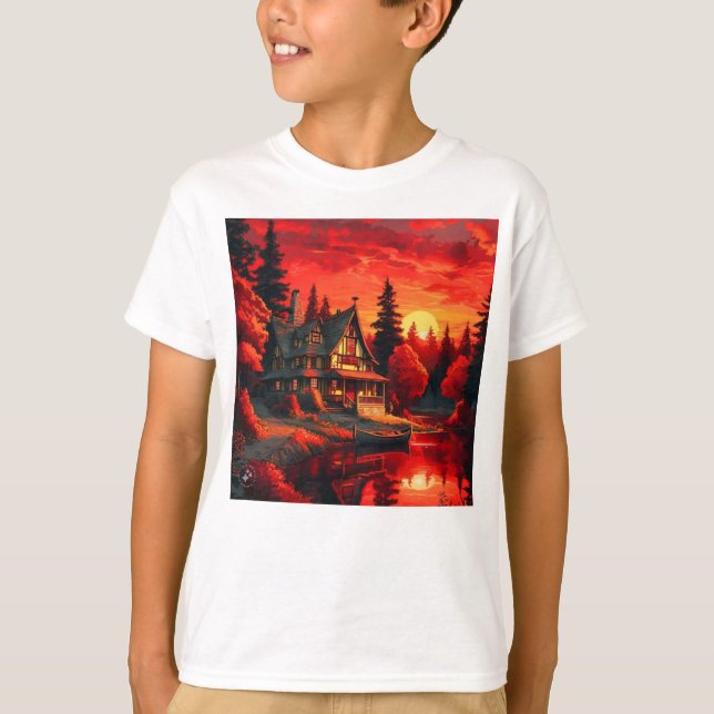 Camiseta Pintura de atardecer con cabaña y lago-66633 (Anverso)