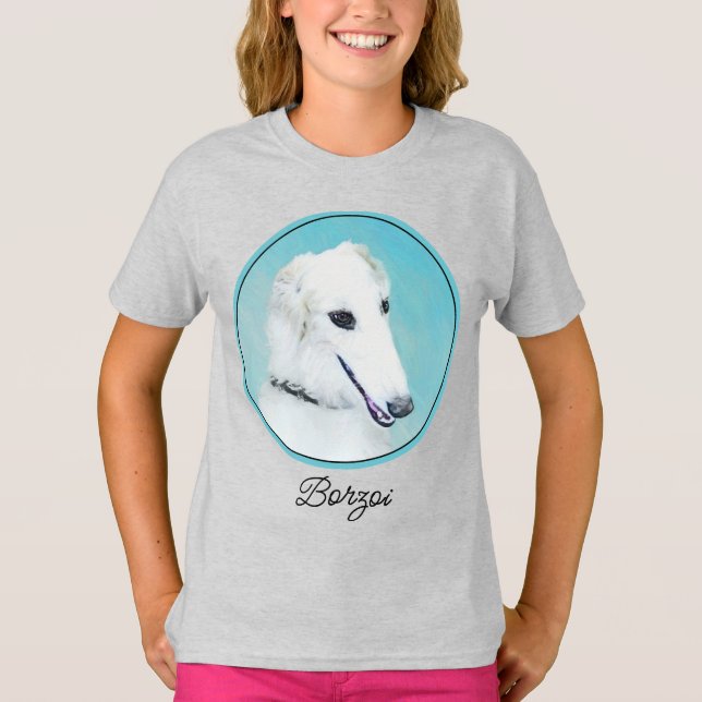 Camiseta Pintura de Borzoi (blanco) - Arte de perro origina (Anverso)