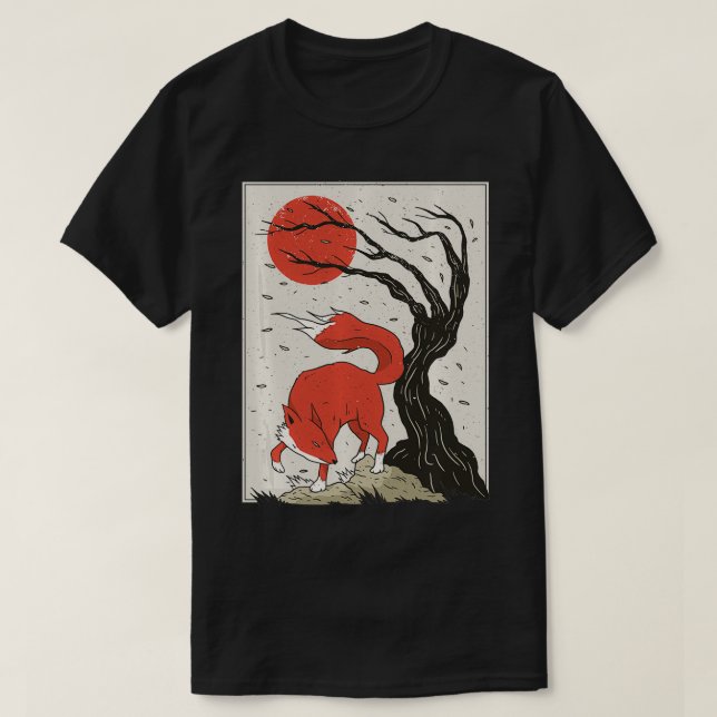Camiseta Pintura De Estilo Japonés Del Po, Árbol Y Sol Pu (Diseño del anverso)