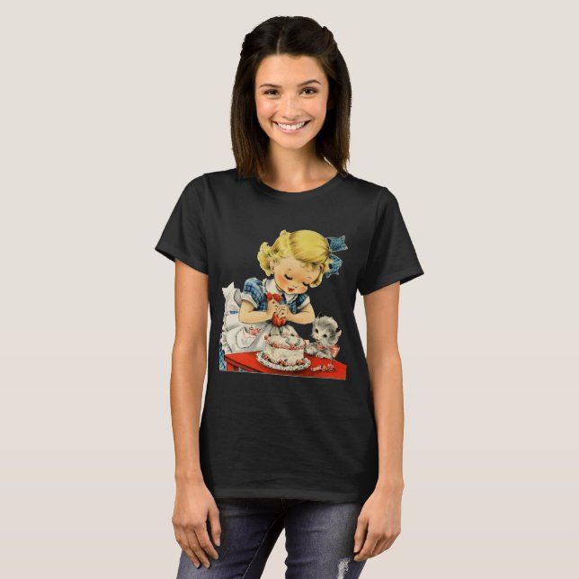 Camiseta Pintura de gato de Chica de cumpleaños retro (Anverso completo)