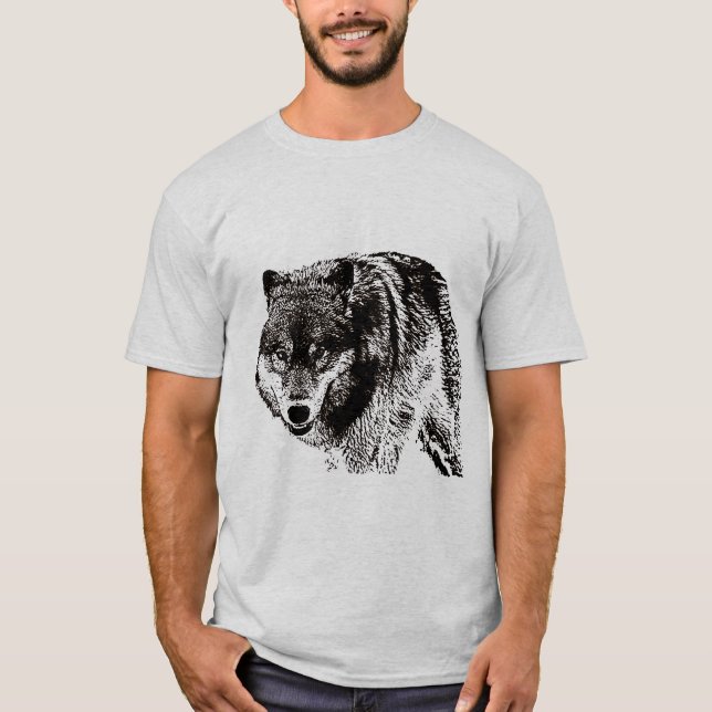 Camiseta Pintura de Lobo Salvaje en blanco y negro (Anverso)