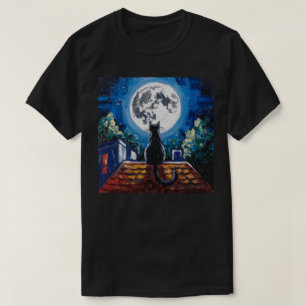 Camiseta Pintura de Noche de Luna Llena con Gato Negro