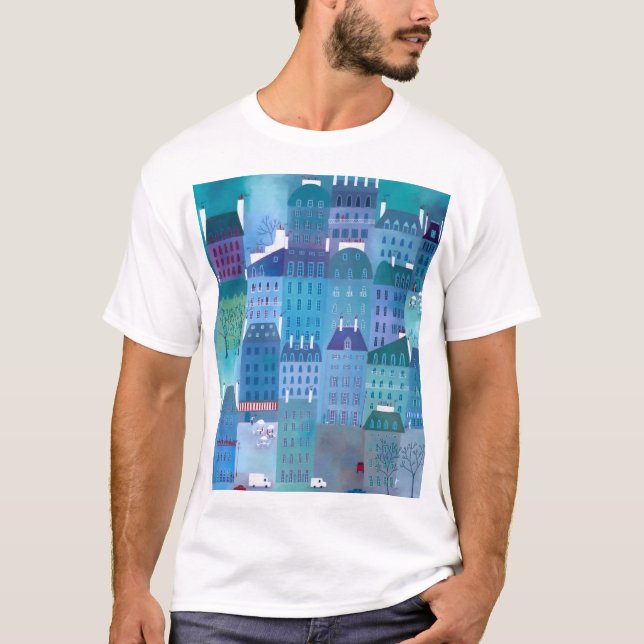 Camiseta Pintura de paisajes urbanos modernos en Paris Blue (Anverso)