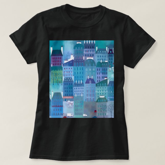 Camiseta Pintura de paisajes urbanos modernos en Paris Blue (Diseño del anverso)