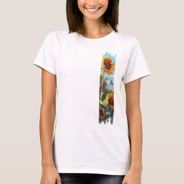Camiseta Pintura de pincel de girasol y mariposa (Anverso)