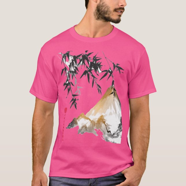 Camiseta Pintura de tinta china - Paisaje de montaña con ba (Anverso)