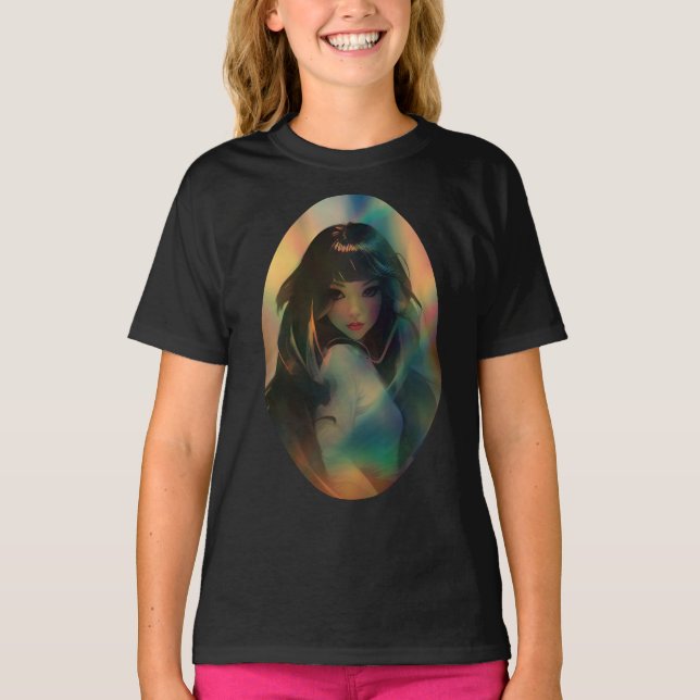 Camiseta Pintura de un Chica animado rodeado de arcoiris (Anverso)