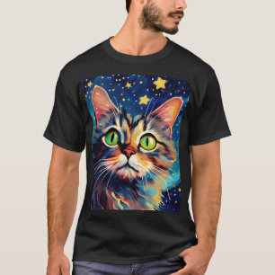 Camiseta Pintura de un gato con ojos verdes y estrellas