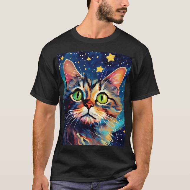 Camiseta Pintura de un gato con ojos verdes y estrellas (Anverso)
