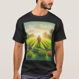 Camiseta pintura de un granjero en un campo con un hombre t