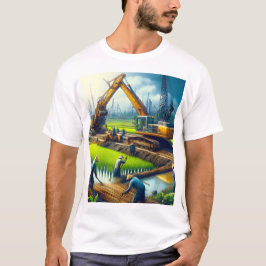Camiseta pintura de una excavadora amarilla en un campo