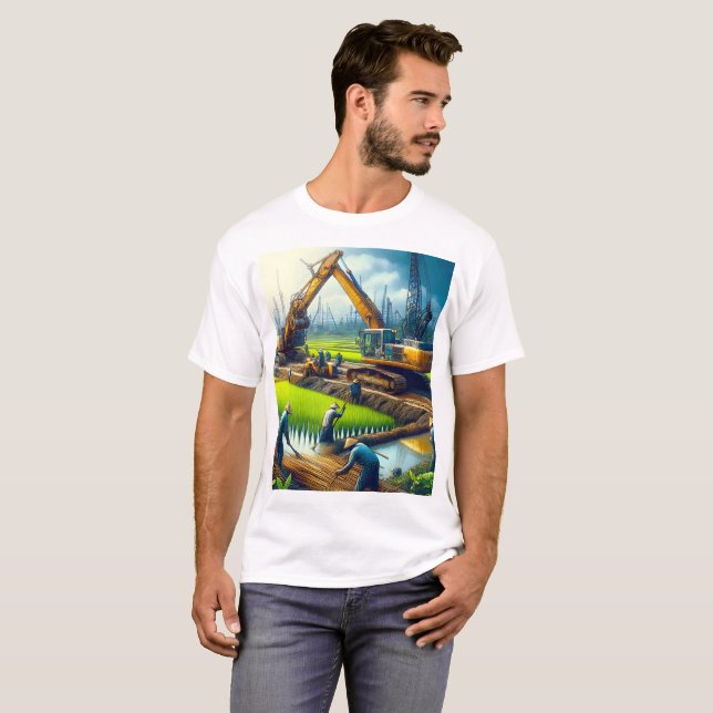 Camiseta pintura de una excavadora amarilla en un campo (Anverso completo)