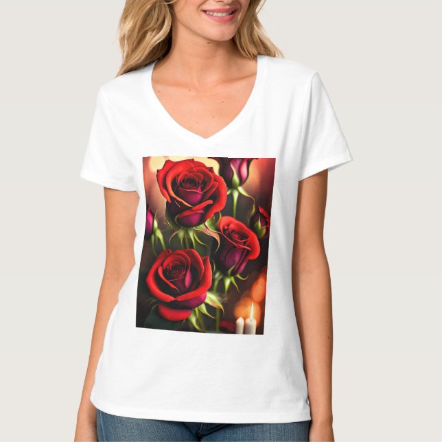 Camiseta Pintura digital de flores de rosa roja-58567 (Anverso)