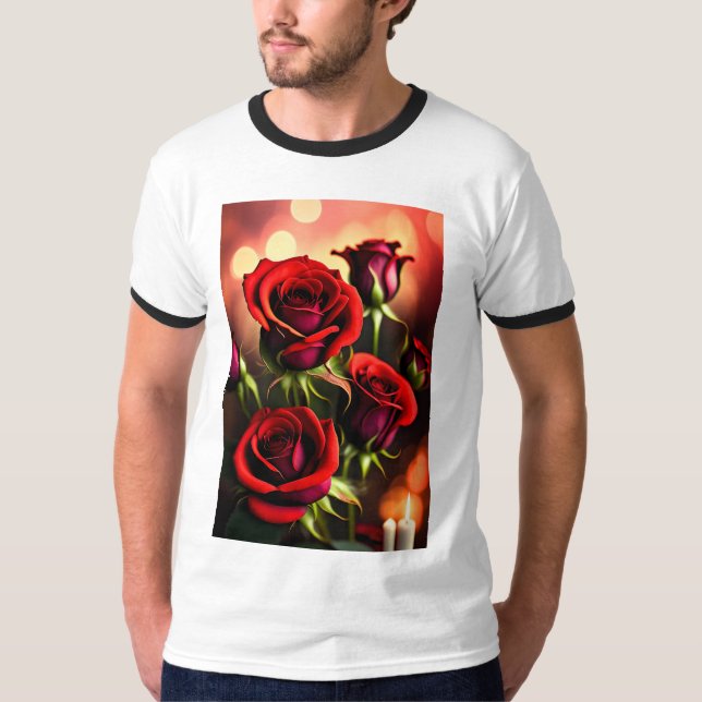 Camiseta Pintura digital de flores de rosa roja-58567 (Anverso)