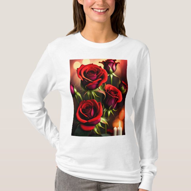 Camiseta Pintura digital de flores de rosa roja-58567 (Anverso)