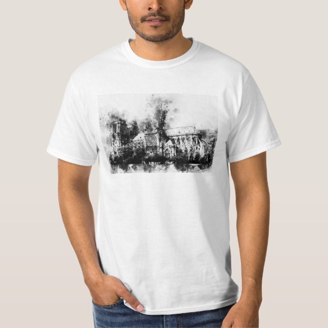 Camiseta Pintura en blanco y negro de la catedral de Notre  (Anverso)
