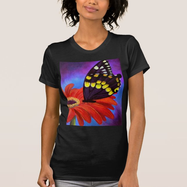 Camiseta Pintura negra de la margarita de la mariposa - (Anverso)