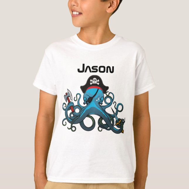 Camiseta pirata Octopus furiosa azul (Anverso)