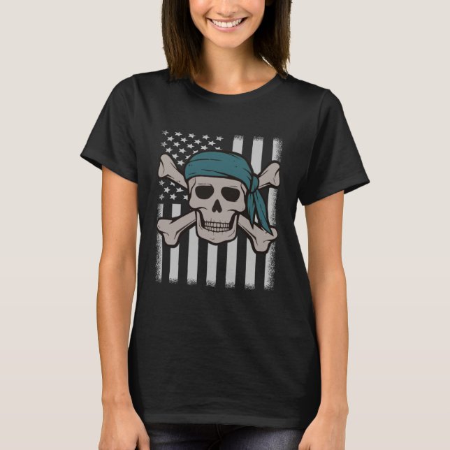 Camiseta Pirate Skull American Flag Halloween Party Costume (Anverso)