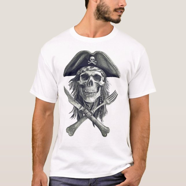 Camiseta Pirate Skull B&W con Cuchillo Cruzado y Forja (Anverso)