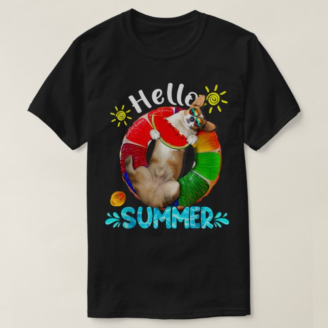 Camiseta Piscina Cute Corgi Comer sandía Hola S (Diseño del anverso)