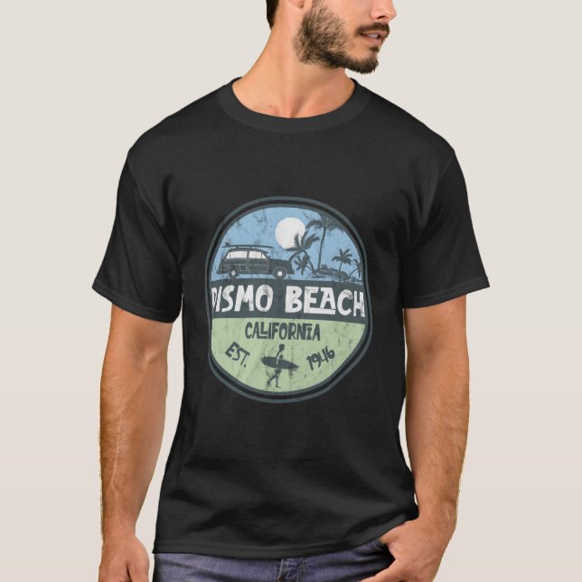 Camiseta Pismo Beach California Wagon Beach Palms Surfer (Anverso)