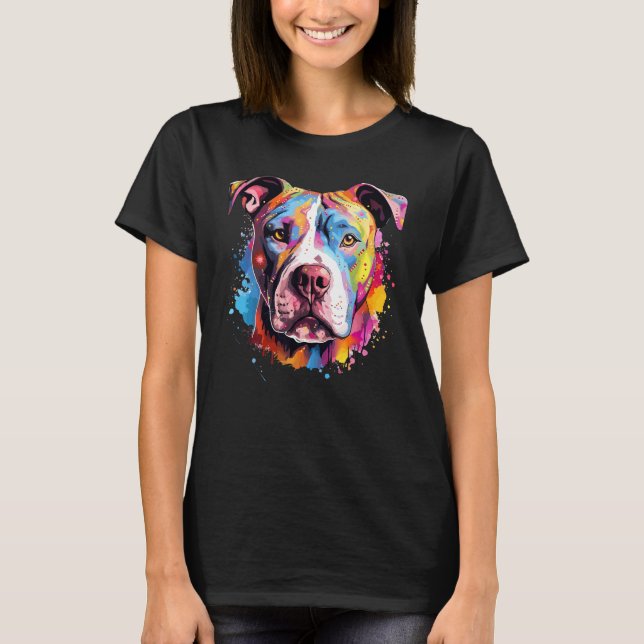 Camiseta Pitbull Arte de Salpicaduras de Perro Colorido (Anverso)