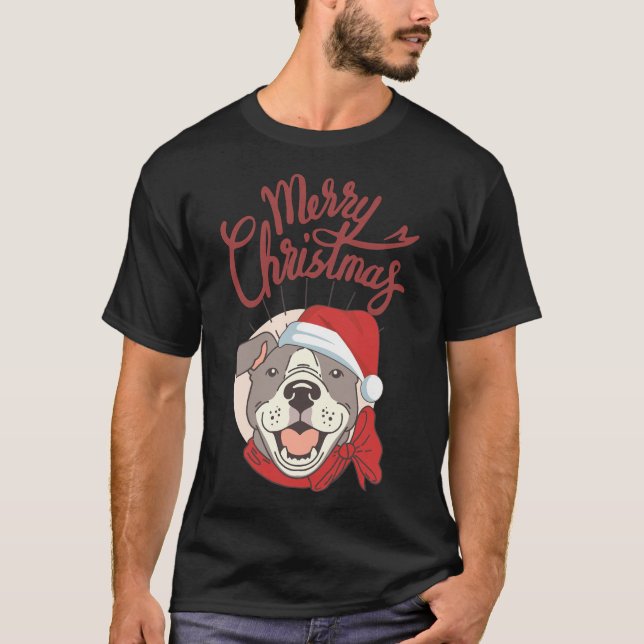 Camiseta Pitbull Con Cinta Roja Y Santa Hat Merry C (Anverso)