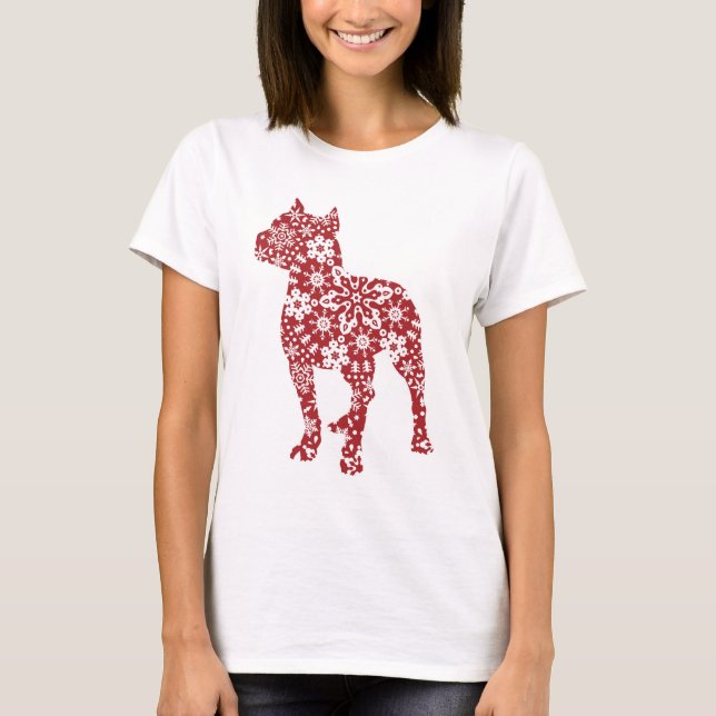 Camiseta Pitbull, copos de nieve rojos del navidad de Boho (Anverso)
