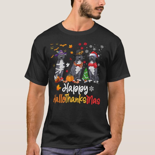 Camiseta Pitbull Dog Halloween Christmas Happy Hallothanksm (Anverso)