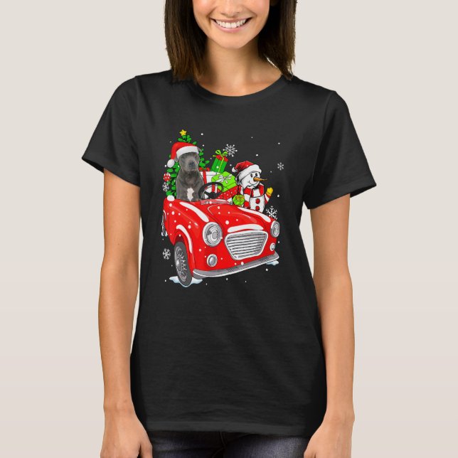Camiseta Pitbull Dog Santa Hat Red Car Christmas (Anverso)