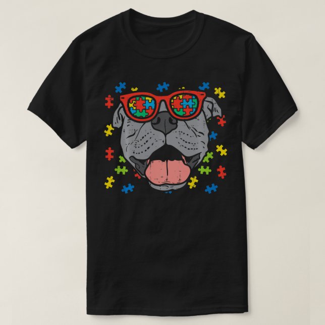 Camiseta Pitbull Face Puzzle Glass Autism Awareness Dog L (Diseño del anverso)