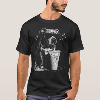 Camiseta Pitbull Genial Bebiendo Café Helado - Perro Vintag