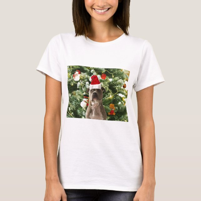 Camiseta Pitbull Perro Árbol de Navidad Ornamentos Snowman (Anverso)