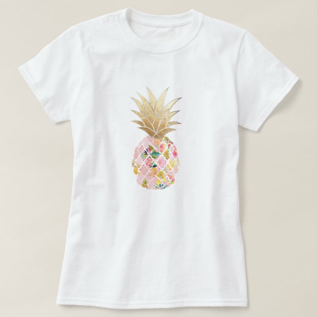 Camiseta PixDezines Hawaii, Aloha Piña Rosa/Faux Gold (Diseño del anverso)