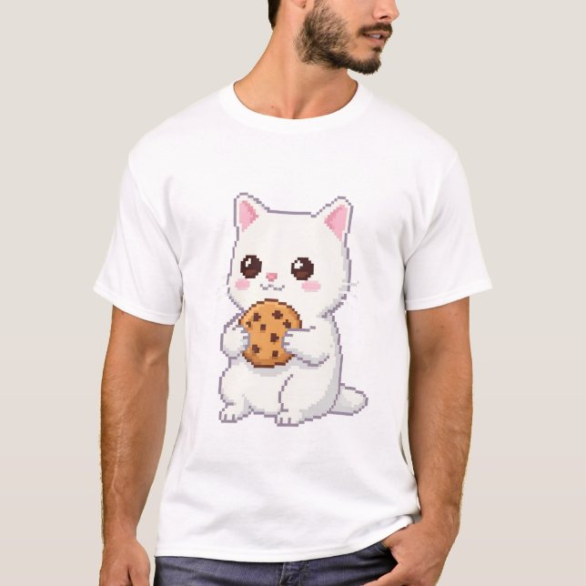 Camiseta Pixel Art Cute Cat con Cookie - Adorable y dulce (Anverso)